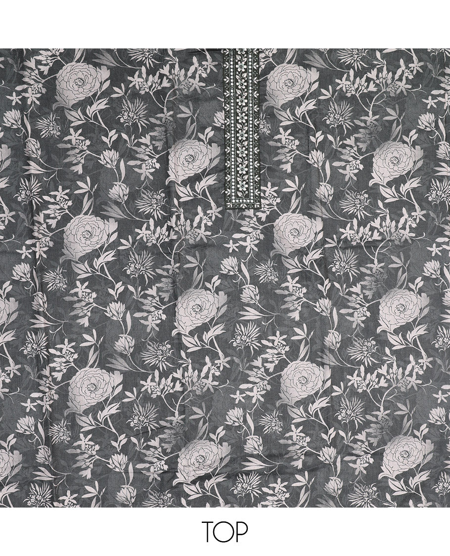 Grey Material Chudidar Set, Prettified with Floral Print and Embroidery on Cotton Top, a Plain Bottom, and Paired with a Floral Embroidered Scallop Dupatta