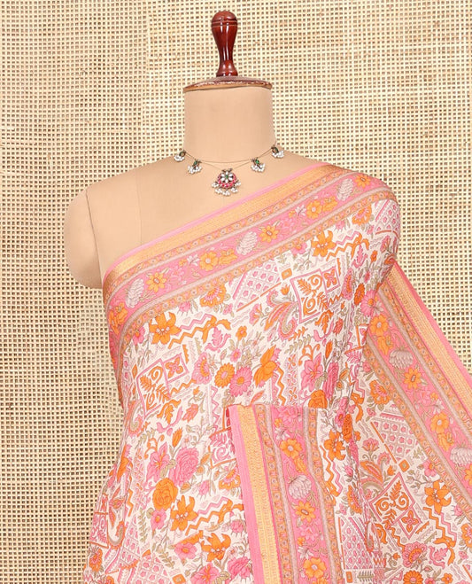 Off-White Intricately Printed Silk Saree, a Contrast Traditional Border, Floral Pallu, a Contrast Blouse