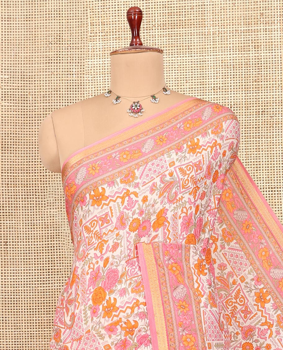 Off-White Intricately Printed Silk Saree, a Contrast Traditional Border, Floral Pallu, a Contrast Blouse