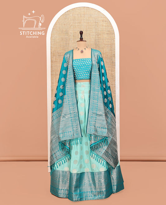 Turquoise Art Silk Half Saree, Detailed with Zari Buttas Skirt, Contrast Traditional Border, Jacquard Blouse, and a Contrast Banaras Dhavani
