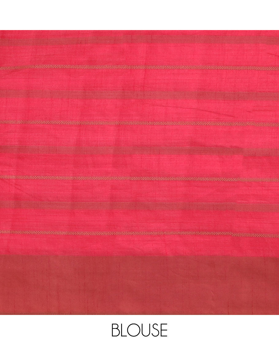 Red striped semi-banaras tussar saree with contrast border & checked pallu