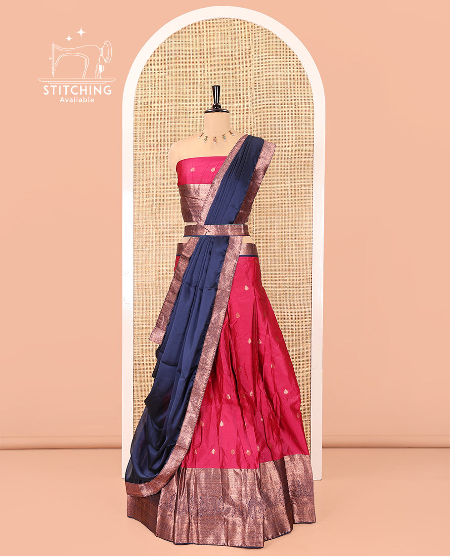 Pink-Navy Blue Semi-Banarasi Half-Saree Features Buttas on Skirt, a Contrast Traditional Zari Border, Matching Blouse, and Contrast Satin Georgette Dhavani