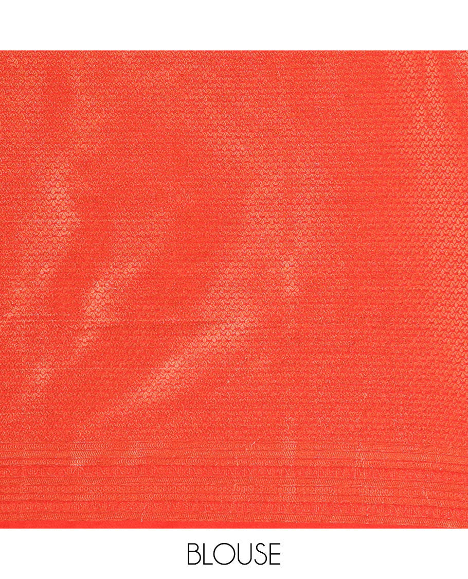 Cream with red zari weaving banaras softy saree with jacquard border & rich weaving pallu along with brocade blouse