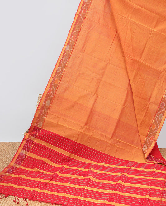 Orange mangalagiri cotton saree with contrast floral design border & striped pallu