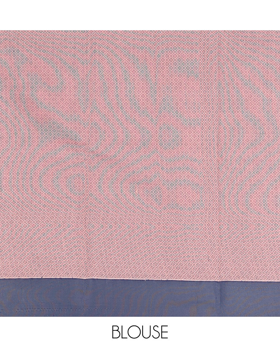 Peach Semi-Silk Cotton Saree, Detailed with Buttas and Stripes All Over Its Body, Complemented by Contrast Border, Pallu of Intricate Designs, and Paired with a Matching Blouse