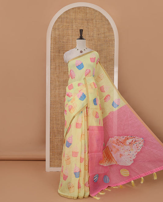 Pastel yellow cupcake & Ice Cream motifs printed Linen saree, piping border, contrast Cone Ice Cream motif printed pallu & pink printed blouse