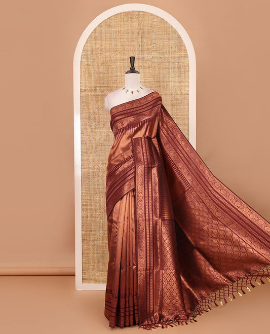 Maroon kanchi tissue jacquard saree, traditional zari temple border, zari woven jaal pallu & contrast small buttas blouse