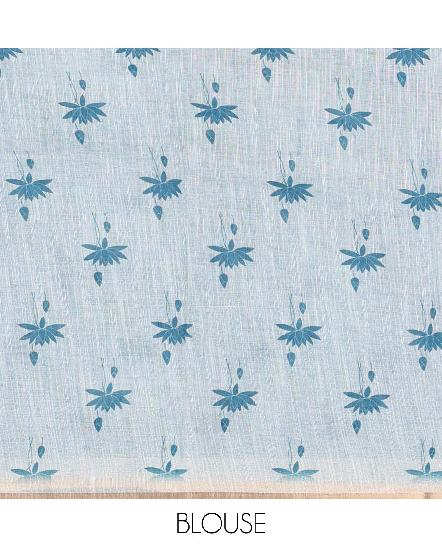 Blue Linen Cotton Saree, Adorned with Pichwai Lotus Motifs Print, Subtle Piping Border, Pallu Mirrors the Same Pichwai Lotus Print, and Paired with a Contrast Pichwai Lotus Printed Blouse