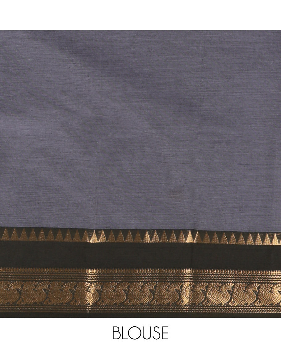 Grey Plain Chettinad Cotton Saree, Complemented by Contrast Rettai Pettu Traditional Zari Border of Temple and Peacock Designs, Striped Pallu, and Paired with a Matching Blouse