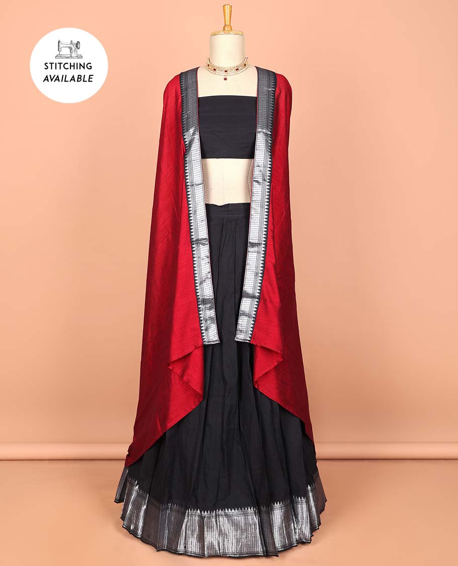 Violet cotton half saree with contrast zari border, plain blouse & plain with zari border dhavani