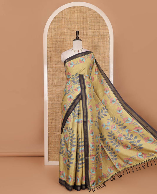 Yellow jamdani-style floral vine printed katan silk saree, contrast zari border, pallu mirroring the same body design & contrast printed blouse