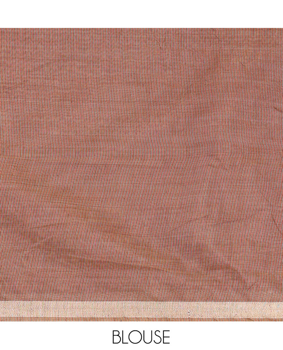 Cream Plain Jamdani Cotton Saree, Highlighted by a Golden Zari Border, Pallu of Kashmiri-Style Weaving, and Paired with a Contrast Striped Blouse
