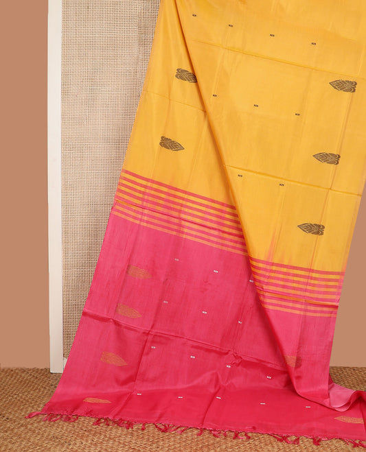 Borderless Yellow Banana Pith Saree, Delicately Woven with Buttas All Over Its Body, Complemented by a Contrast Pallu of Buttas, and Paired with a Contrast Blouse