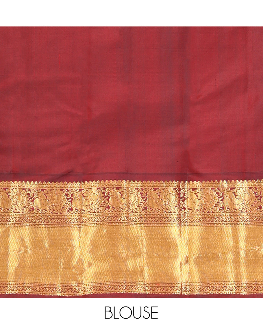 Green Vasundhara Silk Saree, Woven with Zari Buttas, a Contrast Border of Neli, Mayil, Kodi Visiry, and Vanki Designs, Grand Pallu, and a Contrast Blouse