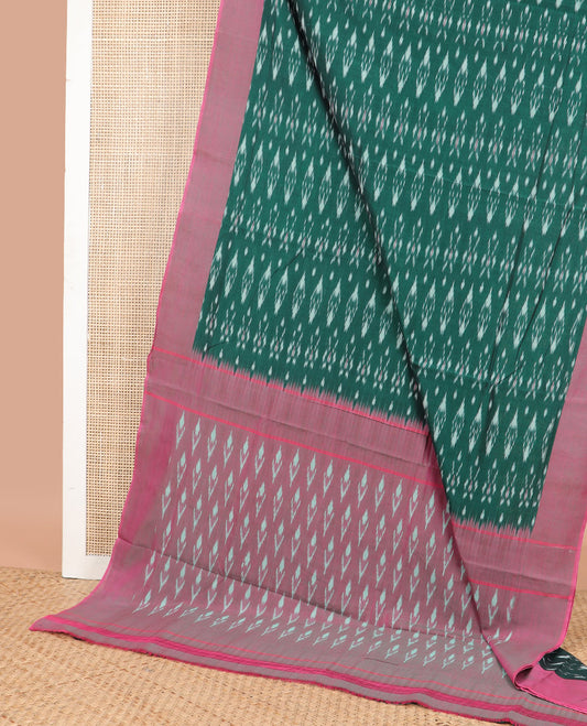 Green geometric design ikkat cotton saree with contrast border & floral design pallu