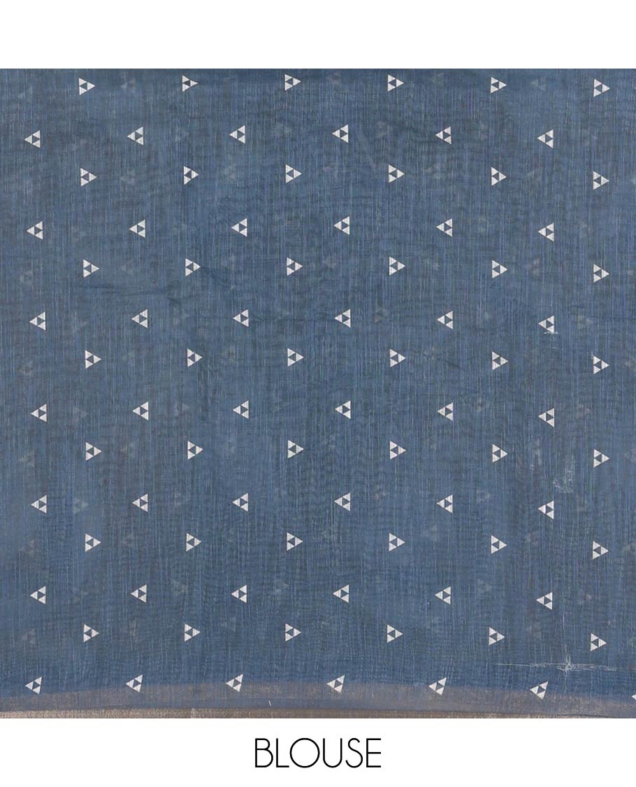 Green Linen Saree, Subtly Sparkled with Geometric Print and Mirror Work on Its Body, Subtle Piping Border, Pallu Steeped with Geometric Patterns, and Paired with Unique Motifs Printed Contrast Blouse