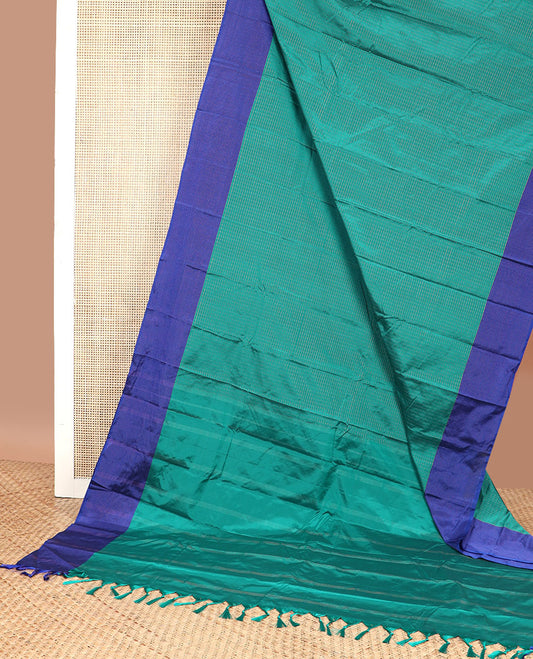 Sea green checked gift silk saree with contrast striped border & striped pallu