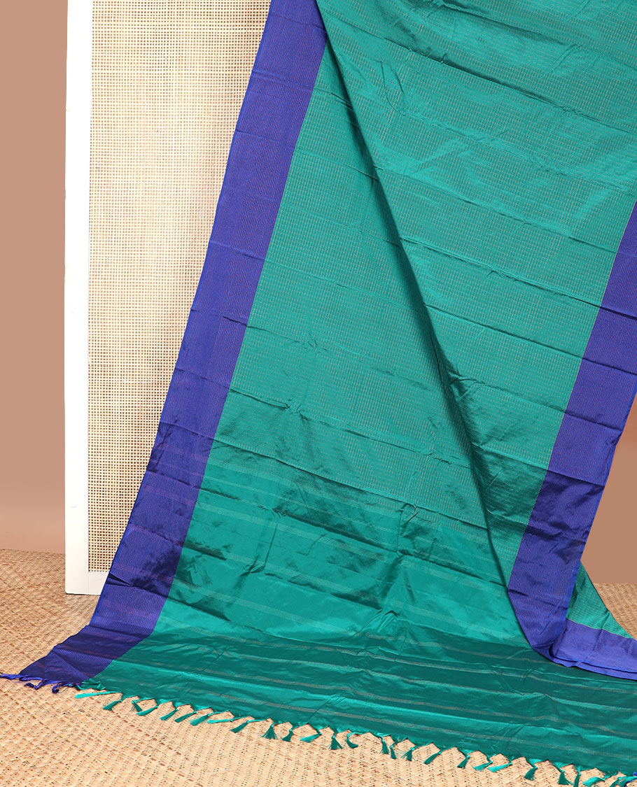 Sea green checked gift silk saree with contrast striped border & striped pallu