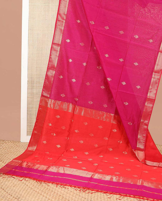 Red geometric design maheshwari cotton saree with contrast zari design border & floral design pallu