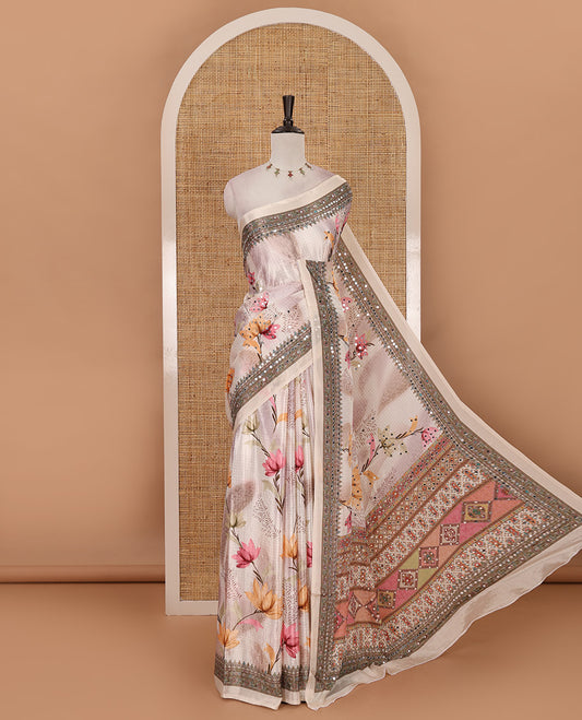 Cream small checks & colorful floral printed mirror embroidered masakali saree, self-border & pallu of print & embroidery work & printed blouse