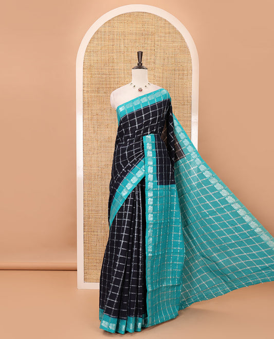 Navy blue zari checked sungudi cotton saree, contrast blue border of zari peacock motifs & checked peacock motif blue blouse