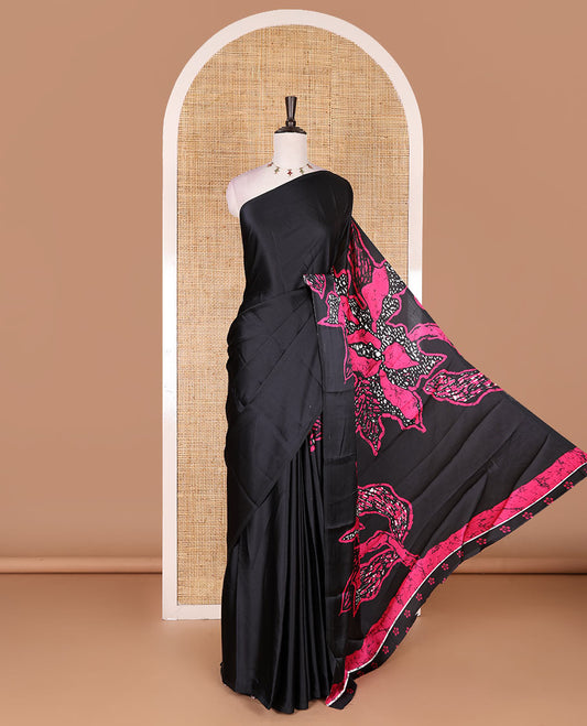 Borderless black-pink batik style abstract digital printed satin crepe saree with blouse of small buttas