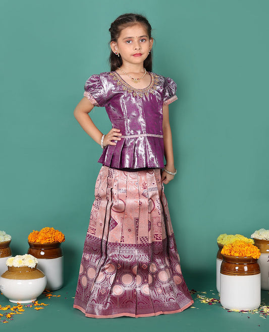 Peach readymade art silk pavadai set, jacquard with contrast traditional zari border skirt and contrast jacquard embroidered puff-sleeve blouse