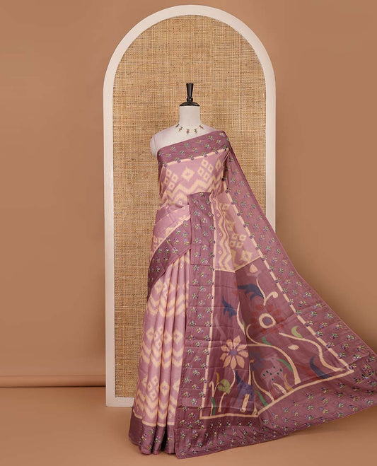 Pink pochampally ikkat style geometric printed fancy tussar saree, contrast floral motifs thread embroidered border, ikkat printed pallu, and plain blouse