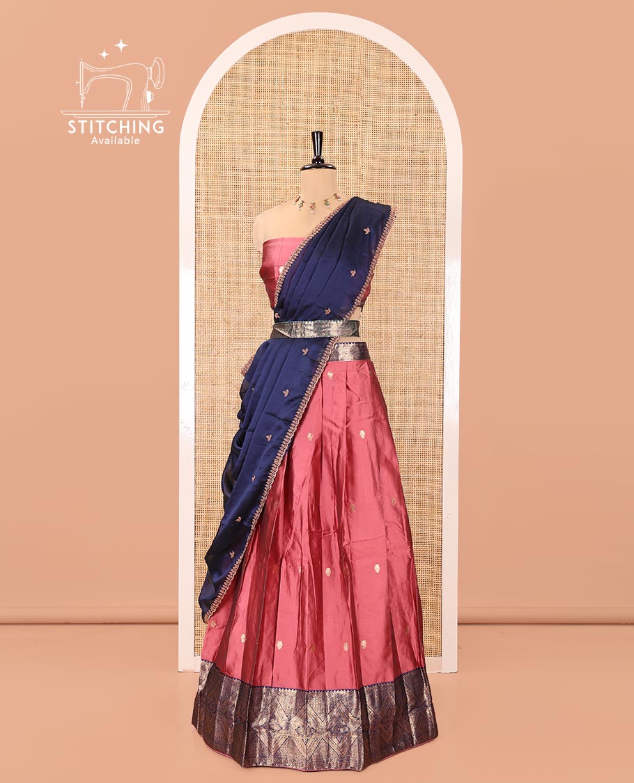 Onion Pink and Blue Semi-Banarasi Half-Saree, Elevated with Zari Buttas on Its Skirt, Complemented by a Contrast Traditional Zari-Design Border, Paired with a Matching Blouse, and a Contrast Satin Georgette Zari-Bordered Dhavani