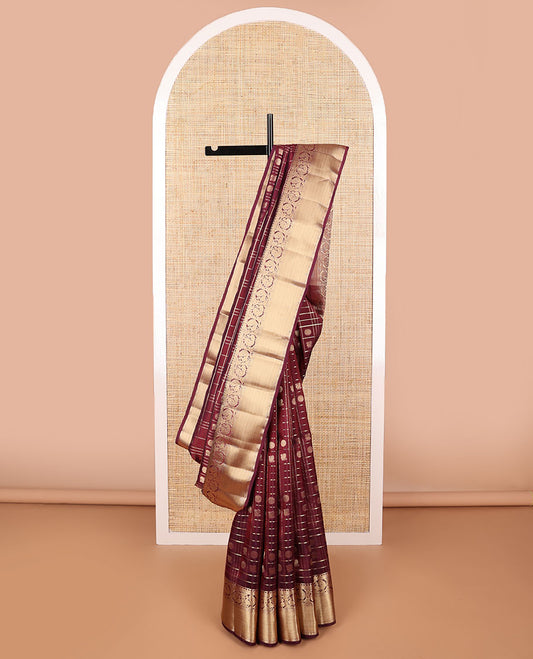 Maroon checked,buttas vasundhara elite silk saree with self intricate zari design border & jaal design pallu