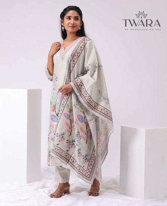 Twara grey floral embroidery v neck, 3/4th sleeve, below knee lenght kurti with straight pants & floral printed dupatta