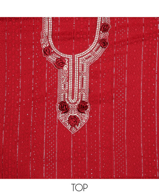 Maroon chudidhar material set , floral embroidery, sequins top, plain bottom & floral sequins with scallop border dupatta
