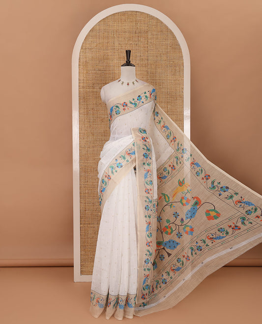 White small dotted buttas linen cotton saree, contrast border & pallu of paithani-style parrot, peacock, & floral vine designs