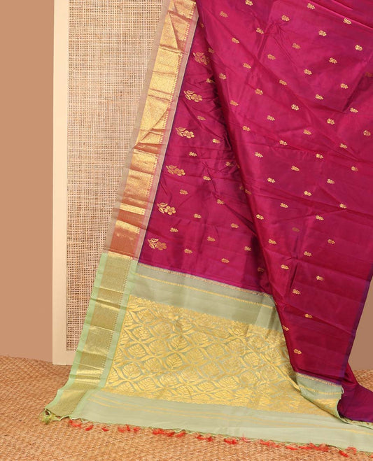 Purple floral buttas kancheepuram silk saree with contrast intricate zari design border & floral jaal design pallu