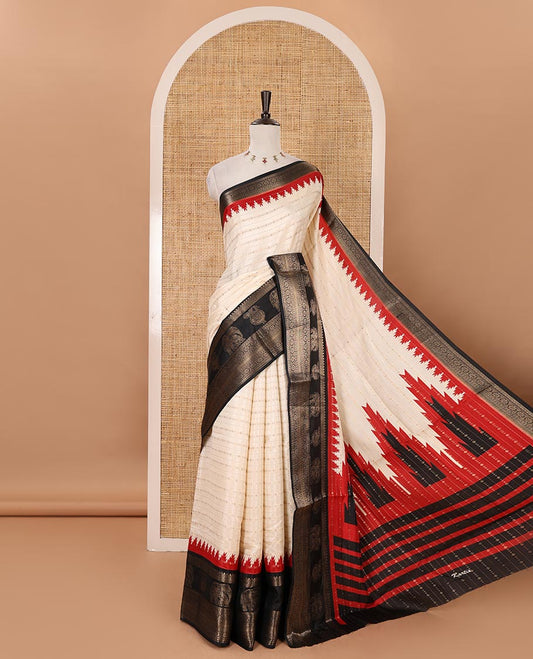 Cream veldhari zari  striped dola silk saree, contrast temple border of elephant & Annam motifs, striped temple pallu & contrast veldhari weaving blouse