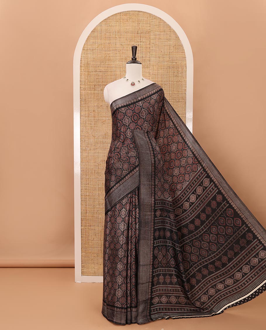 Black Ajrakh-printed turkey crepe saree, printed border, Ajrakh-printed pallu & small buttas printed blouse