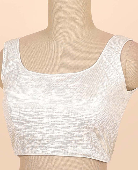 Off-white striped zari design  front & back deep round-neck raw-silk readymade sleeveless blouse