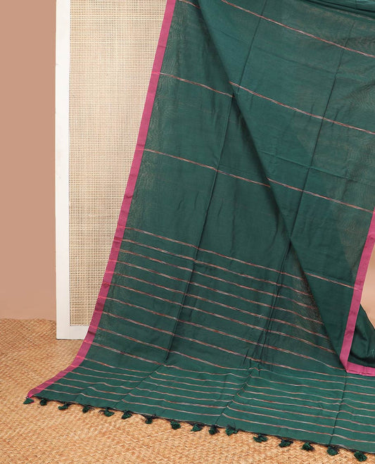 Green striped khadi cotton saree with contrast striped border