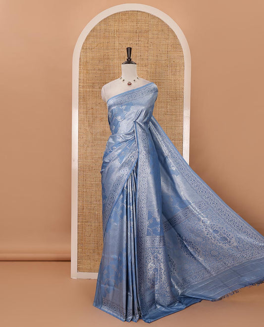 Blue lotus zari jacquard softy saree, floral vine zari border, zari woven floral design pallu & matching zari jacquard blouse