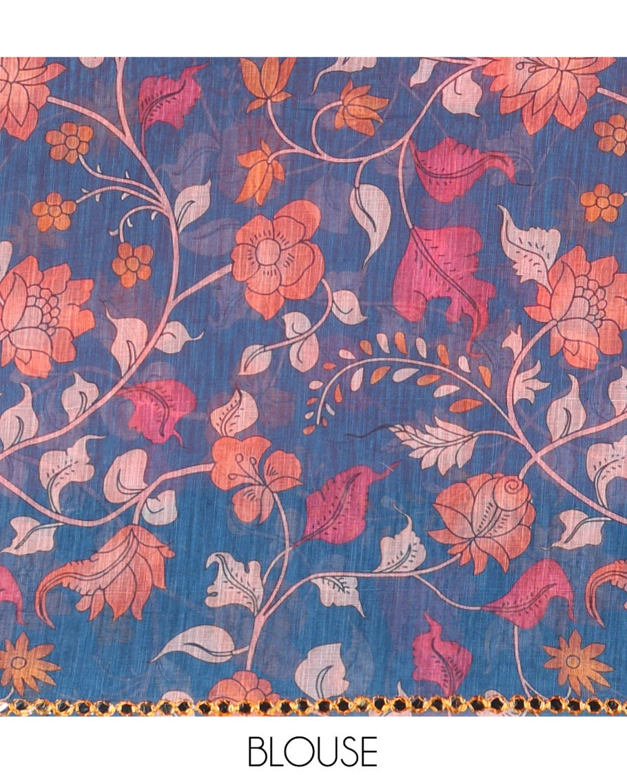 Pink Plain Linen Cotton Saree, Complemented by Contrast Scallop Border, Plain Pallu, and Paired with a Contrast Floral Printed Mirror Embroidered Blouse