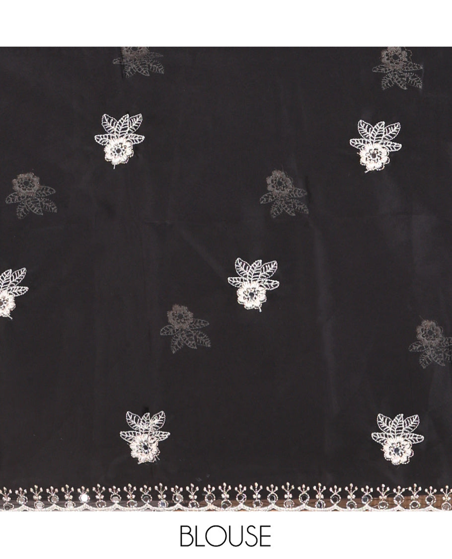 Chikku Rangoli Chiffon Saree, Delicately Woven with Flower-Style Motifs Embroidered on Its Body, a Subtle Scallop Embroidered Border, a Self-Pallu, and Paired with a Contrast Embroidered Blouse
