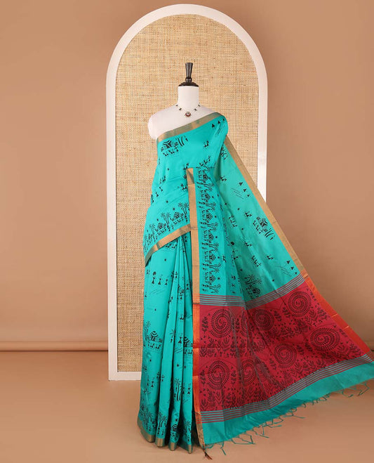 Teal blue warli motifs printed micro-silk saree, copper zari small border, contrast warli printed pallu & plain blouse