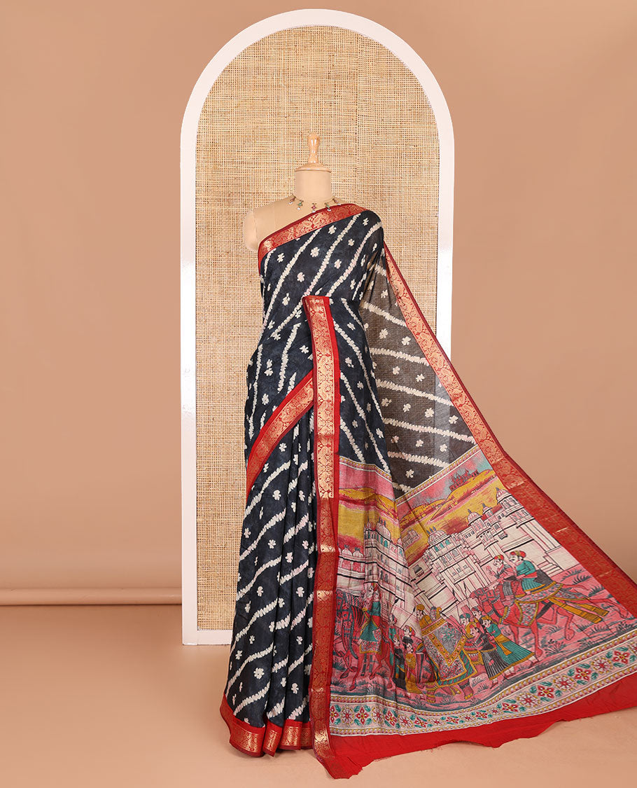Black batik style lehariya stripes printed muslin silk saree, contrast peacock zari woven border, Mughal inspired painting style motifs printed pallu and a contrast blouse