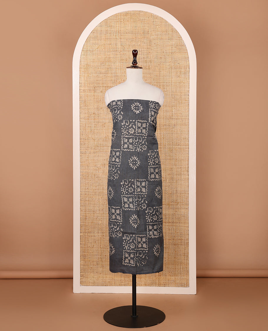 Ash chudidar material set,geometric batik-printed bhagalpuri cotton top,batik-print dual-color mul-mul cotton dupatta & batik-print bottom