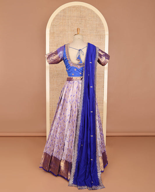 Light purple floral art silk half saree with contrast zari design border, embroidered blouse & floral embroidery dhavani