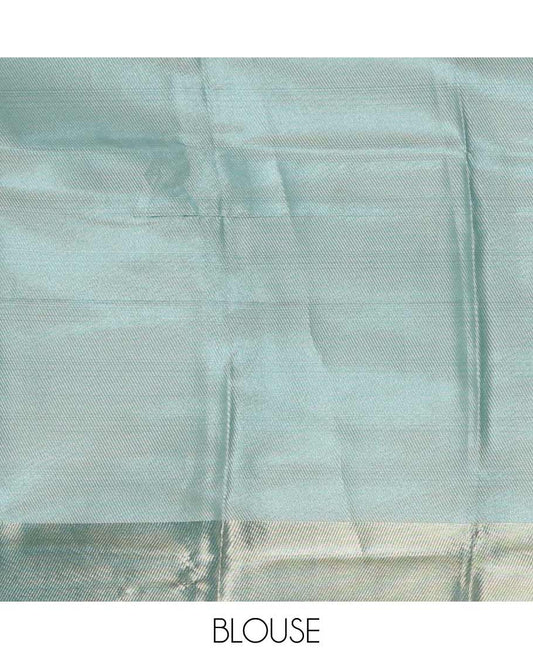 Blue  floral design woven tissue saree, gold zari bavanji border, zari pallu & matching brocade blouse
