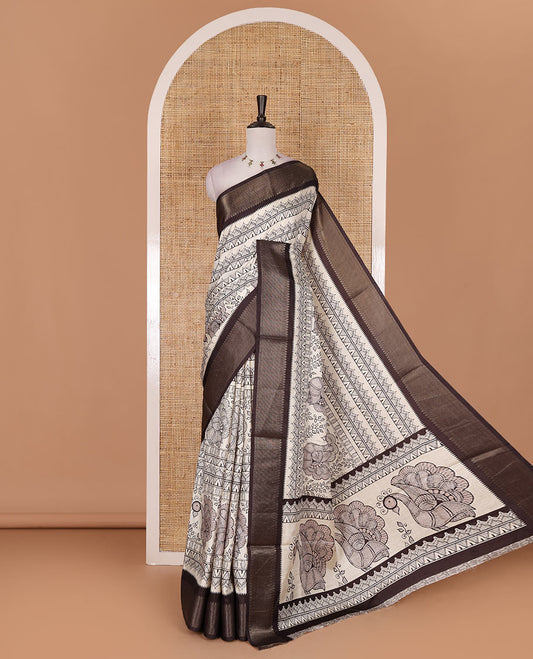 Cream-black flora, fauna, and geometric madhubani printed soft tussar saree, contrast zari border, peacock print pallu, and printed blouse