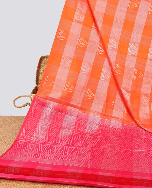 Borderless orange  striped, geometric design soft silk saree with intricate zari design pallu