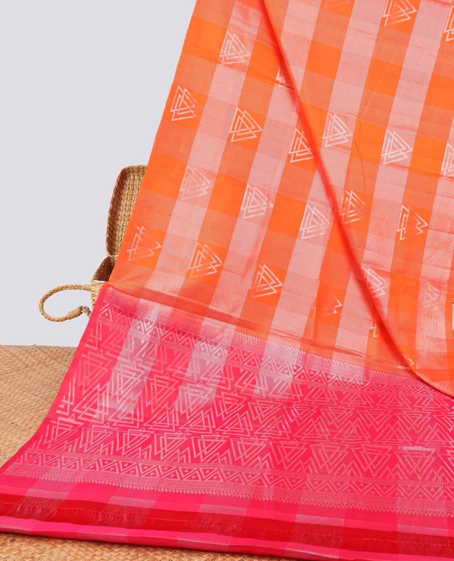 Borderless orange  striped, geometric design soft silk saree with intricate zari design pallu