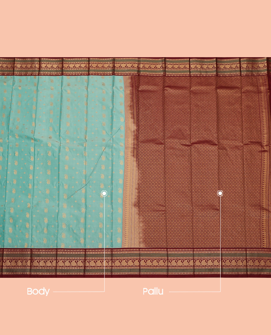 Blue Budget Silk Saree, Subtly Sparkled with Zari Buttas All Over Its Body, Complemented by a Contrast Traditional Zari Design Border, Grand Chevron Design Pallu, and Paired with a Contrast Blouse